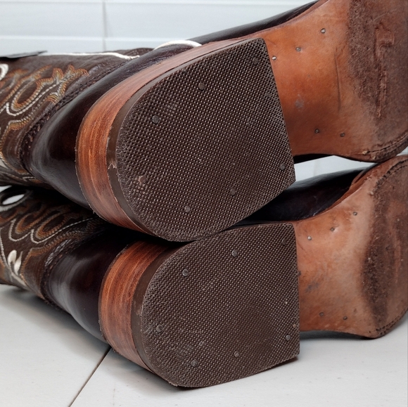 Boots Men's Brown Leather Pull-On Square Toe Rodeo Cowboy Western Boots Sz 8 - Picture 10 of 16